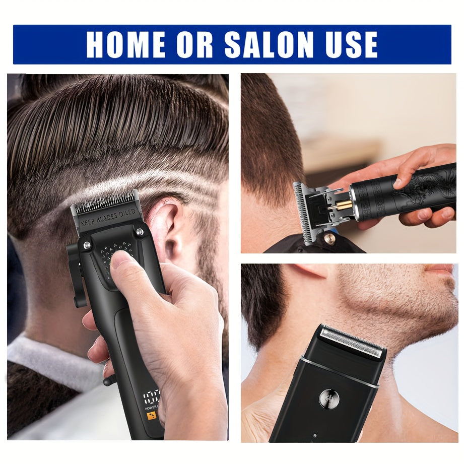 Kit de cuidados profissionais para cabelo e barba para homem com 3 peças - Máquina de cortar cabelo sem fios com visor LED, conjunto de aparador de precisão, recarregável via USB, para uso doméstico, presente perfeito para as festas de fim de ano.