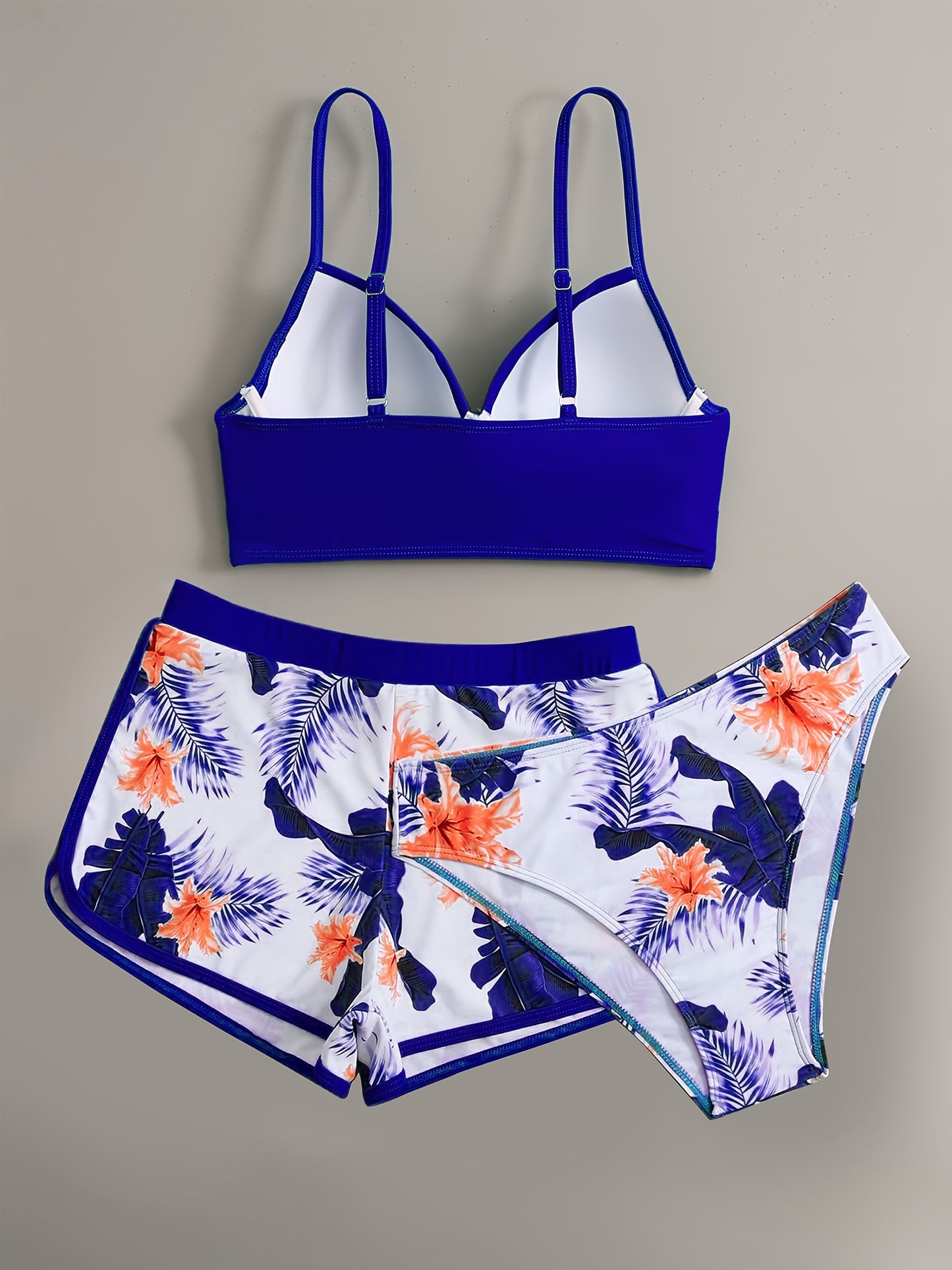 Floral Leaf Print Stretchy 3 Piece Set Swimsuits, Cross Spaghetti Strap Push Up Bikini & Boxer Shorts, Women's Swimwear & Clothing