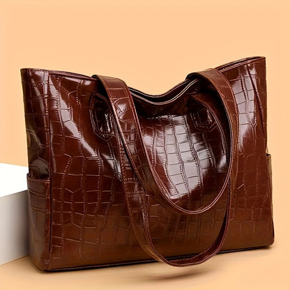 Stylish White Crocodile-Textured Tote Bag with Golden-Tone Hardware - Large Capacity, Durable, Perfect for Commuting, Shopping, and Travel, Travel Tote Bag | Elegant Tote Bag | Durable Tote