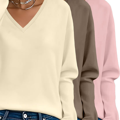 3pcs Women'S 100% V-Neck Long Sleeve T-Shirts - Soft, Durable, and Comfortable Casual Wear for All Seasons, Perfect for Holidays, Graduations, and Everyday Style, Everyday Comfort Wear | Minimalist Style | Soft Fabric Tee