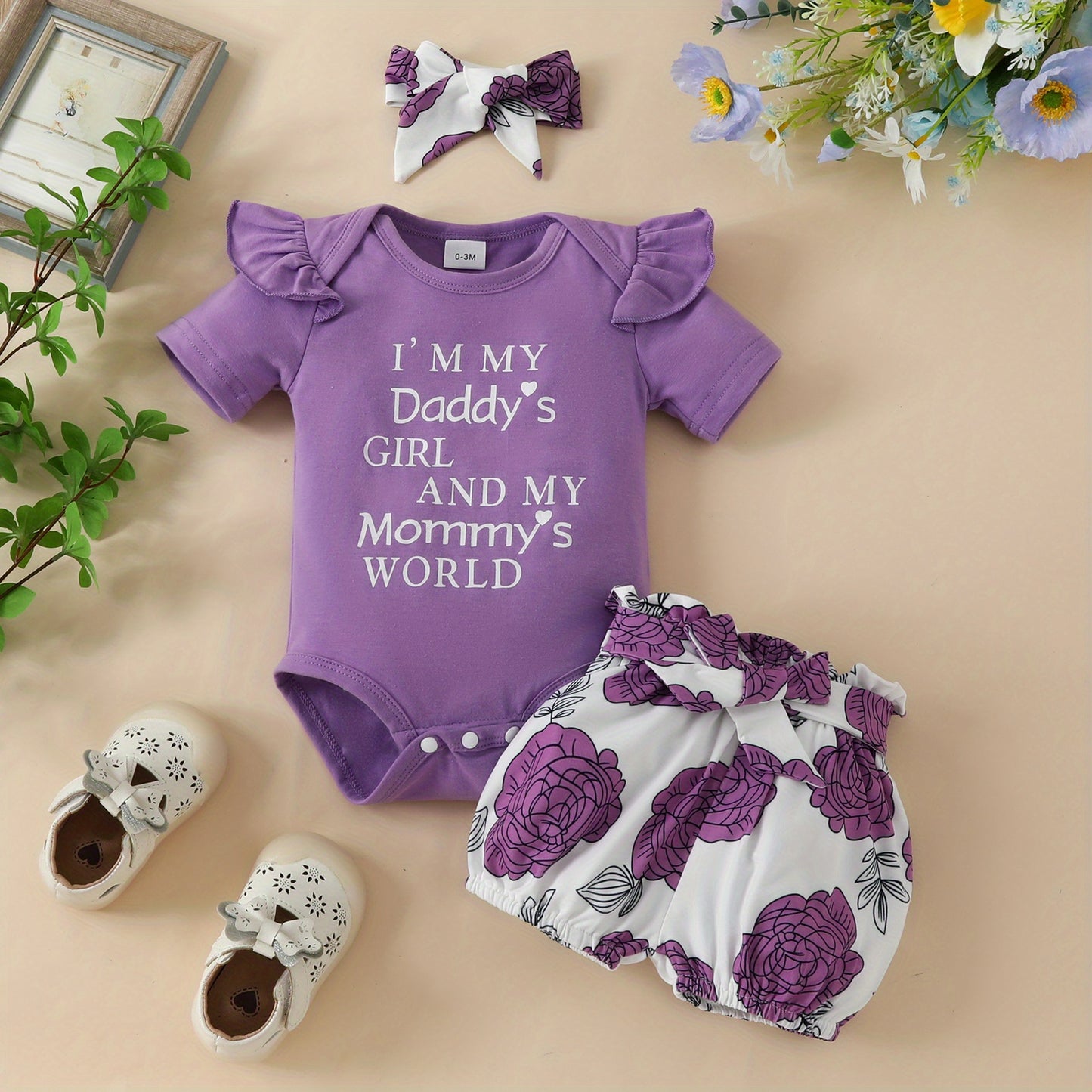 3pcs Short Sleeve &amp; Shorts Set for Newborns - "I'm Daddy's Girl" Letter Print Pants and Headband, Mommy's World Alphabet Kids' Outfit, Perfect for Outdoor