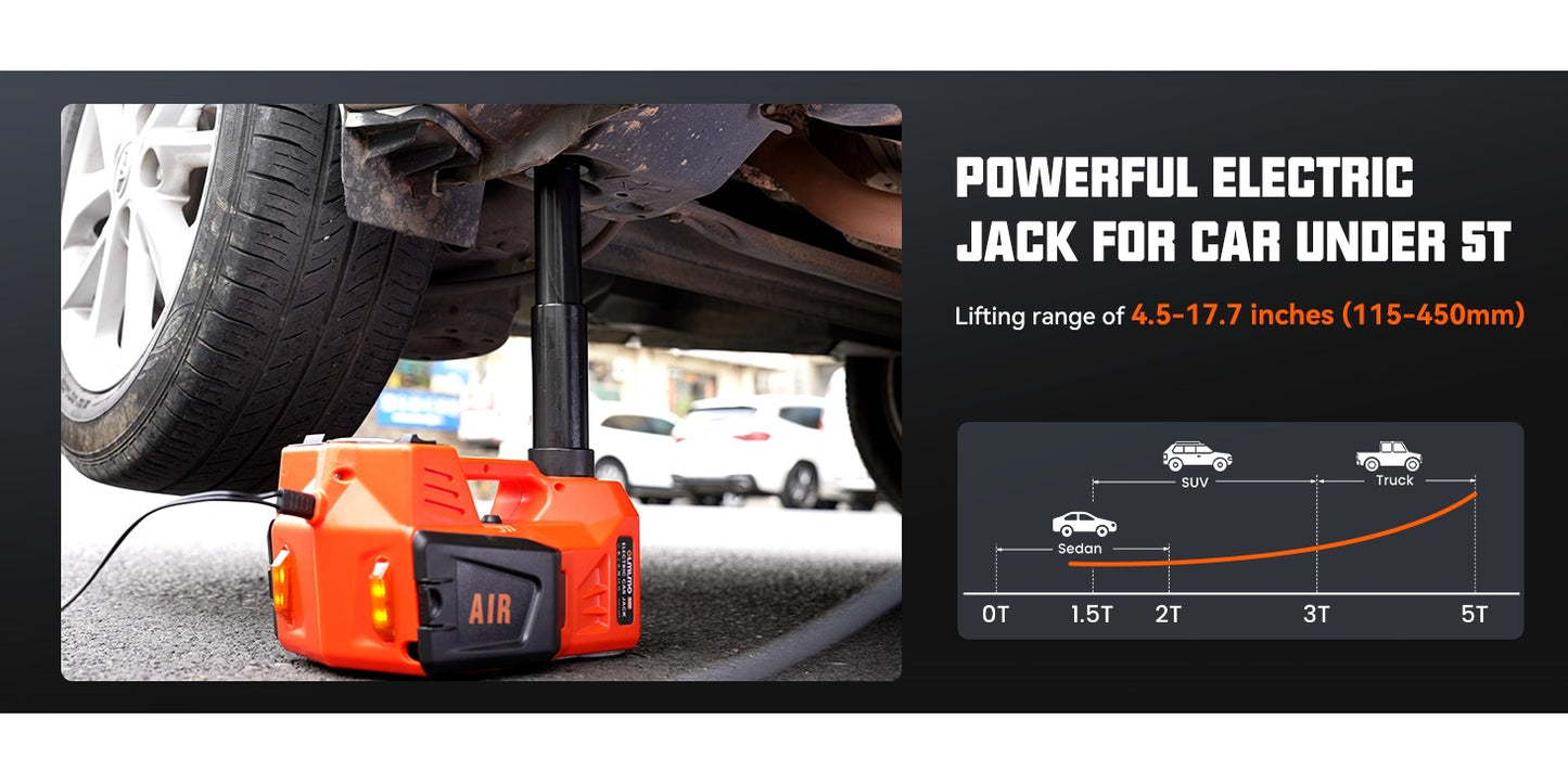 Macaco hidráulico reforçado de 12V e 5 toneladas (elevação de 15,5 a 45 cm) com compressor de ar e luz LED | Sistema de elevação sem fios para automóveis, SUV e camiões, troca de pneus e reparações em oficinas mecânicas.