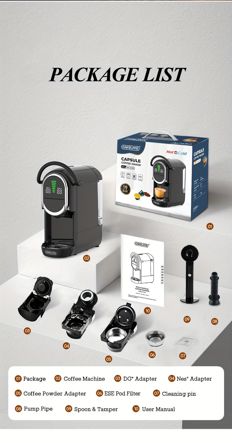 CAFELFFE 4-in-1 Capsule Coffee Machine | 19 Bar Espresso Maker | Smart Temp Control & 7 Preset Brewing Times | Compatible with Nes/DG/ Capsules Ground Coffee/ESEpod | Premium Gift Set for Coffee Lovers & Family, Automatic Esp