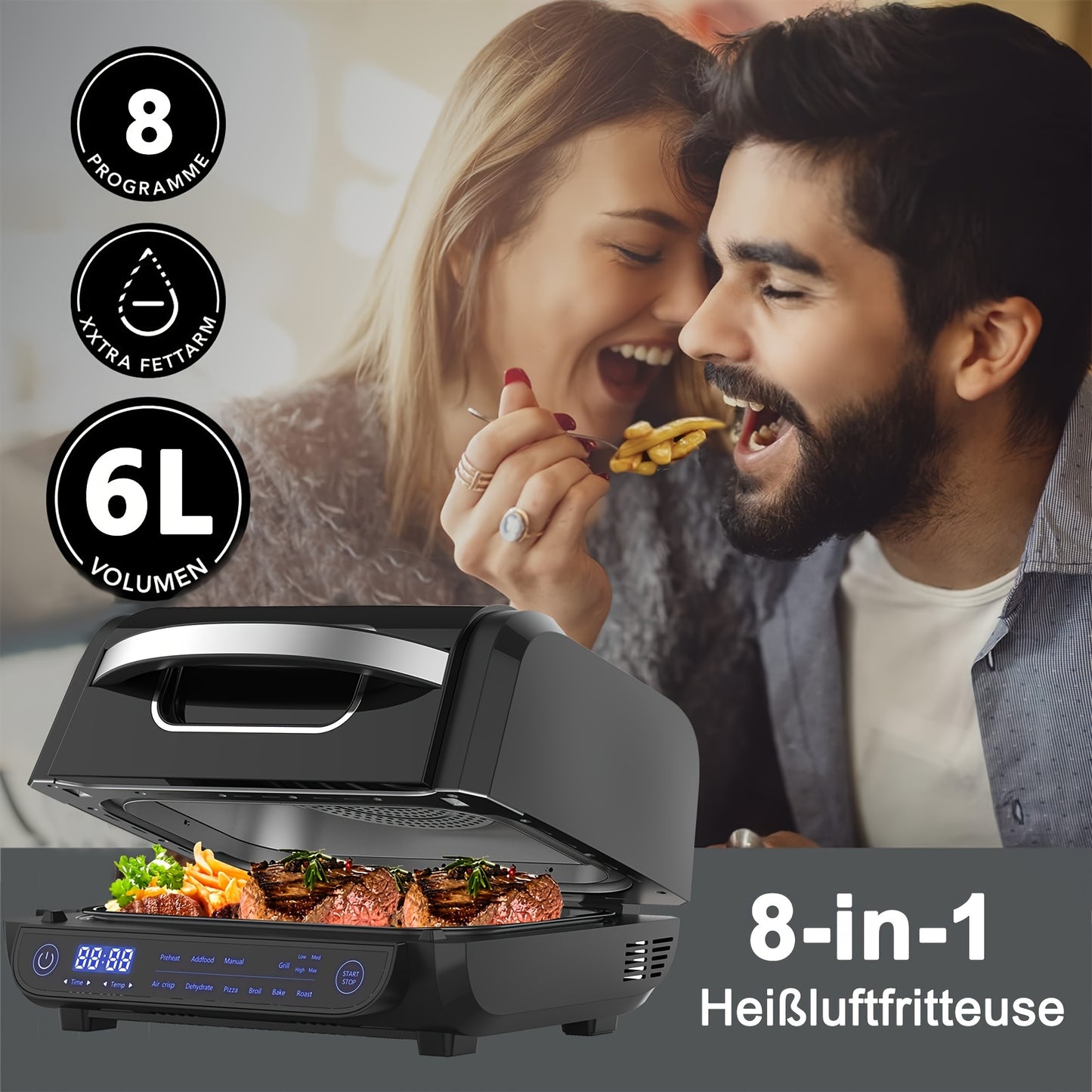 8-in-1 Grill Hot Air Fryer, 6L Capacity Airfryer, Electric Grill with Touch Control, 120-Minute Timer, 1700W, Black