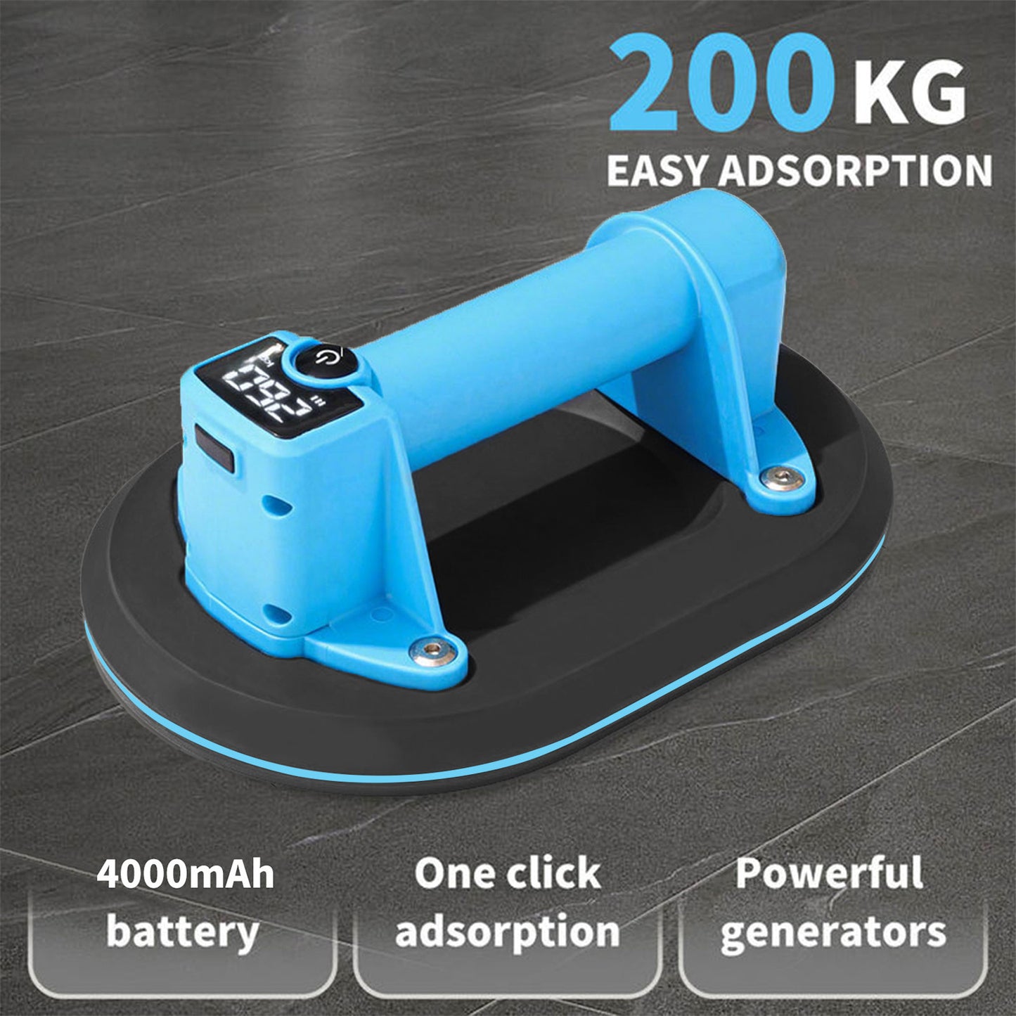 Levantador de ventosa a bateria com visor digital, ventosa elétrica a vácuo, elevador de azulejos, borracha de dupla camada, carga segura de 200 kg, para azulejos, vidro, mármore e aquários.