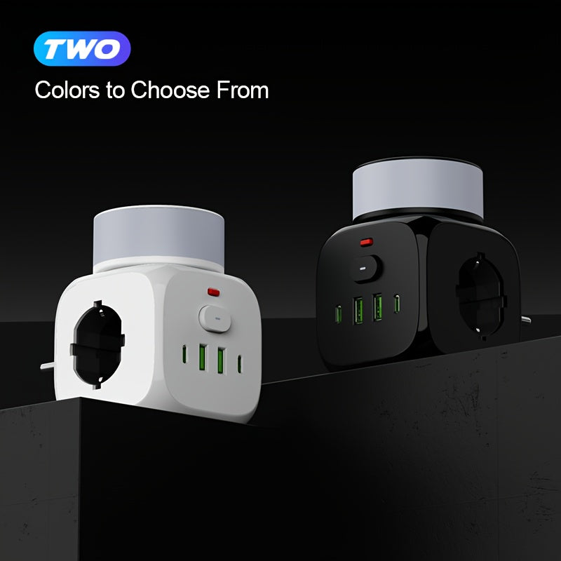 2025 New multifunctional round plug/socket/strip with 3 power outlets, with night light (2 USB-A) (2 TYPE-C), in-line socket, suitable for home, office, kitchen, bathroom and other places, multi-plug outlet, office.