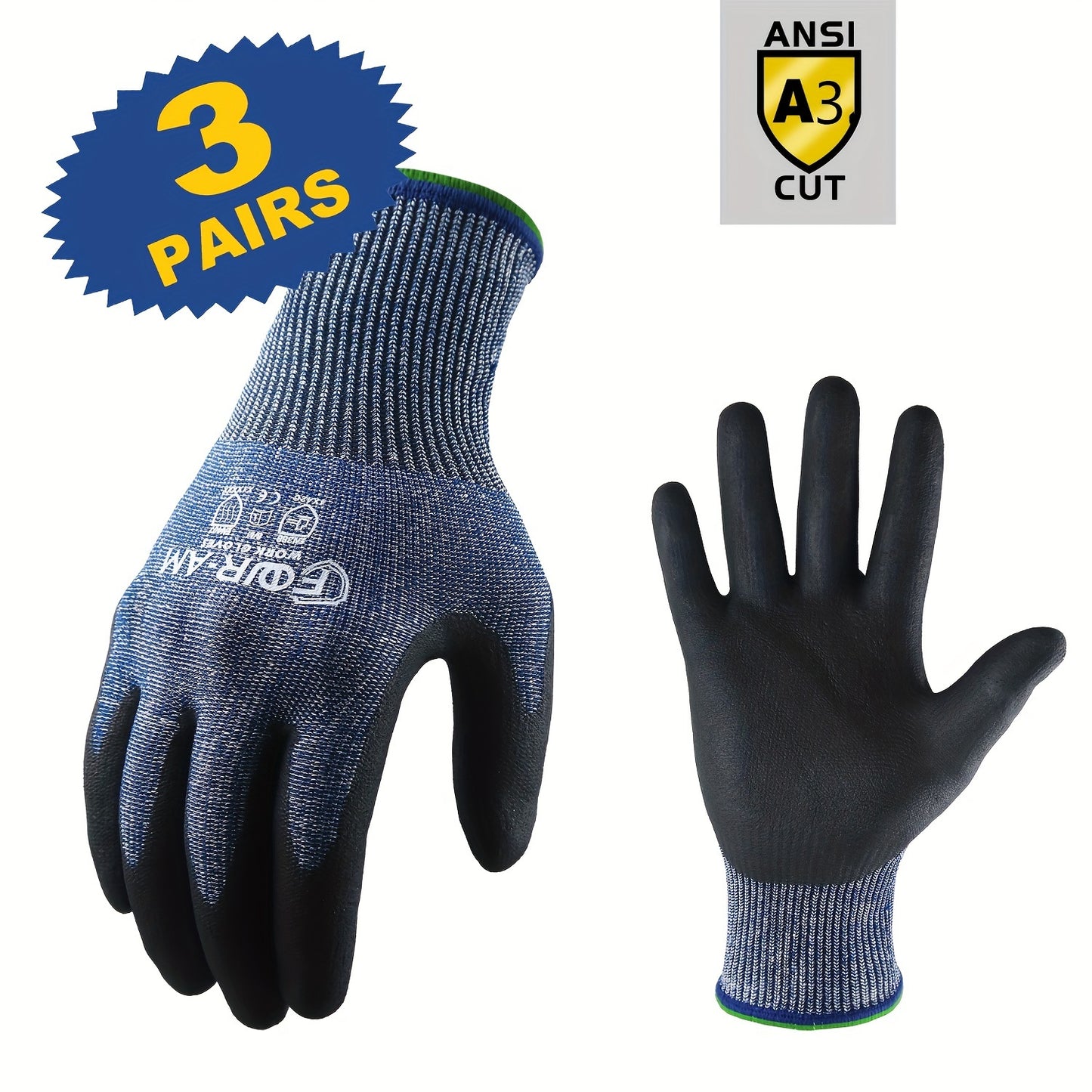 3 Pairs of Level 3 Cut Heavy Duty Work Gloves with Firm Non-Slip Grip, Durable &amp; Breathable Nitrile Foam Coating, and Touchscreen Compatible 3D-Comfort Fit