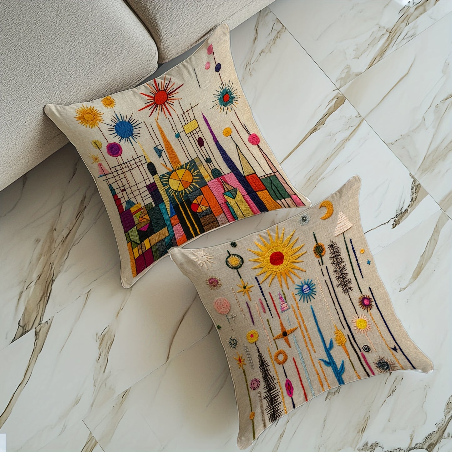 2D printing, 4pcs, abstract pillow set, with beige as the base, featuring elements such as sun and geometric shapes, full of artistic sense, not real embroidery. 45.72*45.72cm, home decoration, suitable for sofas, living rooms