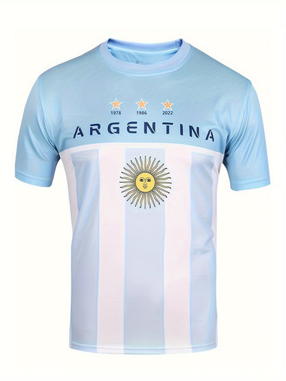 Men's Letter ARGENTINA Print Breathable Football Jersey, Active Slightly Stretch Crew Neck Short Sleeve Soccer Club Uniform Shirt For Training Competition Party