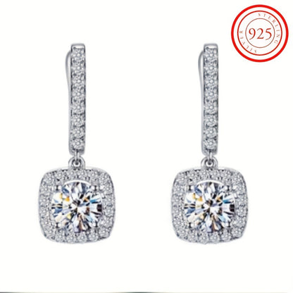 Sterling 925 Silver Ear Jewelry Square Shape Shiny zirconia Decor Dangle Earrings Luxury Style Banquet Party Ear Ornaments