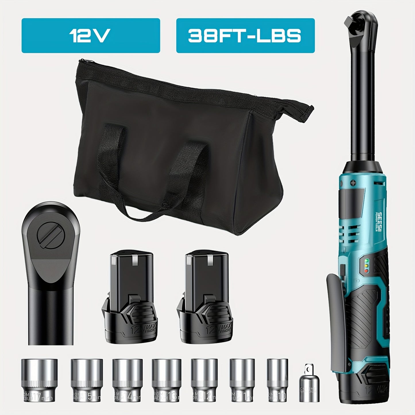 Chave de roquete sem fios Seesii 3/8", 90 N.m 200 RPM, chave de roquete elétrica de 200 RPM e 90 N.m, 2 baterias de 2,0 A e carregador, gatilho de velocidade variável, 8 tomadas, adaptador de 1/4" e 1/2", barra de extensão de 3".