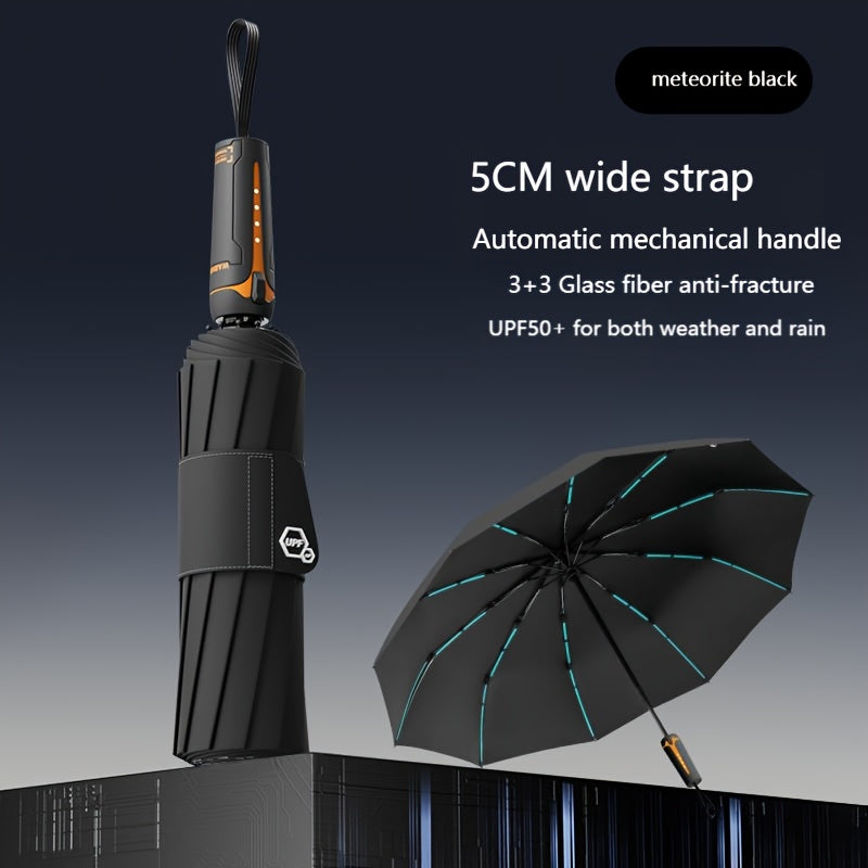 10 bone 3+3 glass fiber bone automatic folding umbrella, enlarged and thickened black rubber sunscreen coating, reinforced protective aluminum alloy skeleton, simple solid color design, unisex business sunshade dual-use umbre