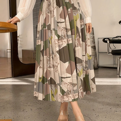 Elegant Geometric Pattern Pleated Midi Skirt for Women - Versatile, Fashion-Forward, Non-Stretch Polyester Fabric, Machine Washable - Perfect for All Seasons, Allseason Wear|Asymmetrical Hemline|Comfortable Fit