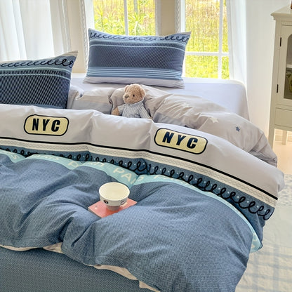 Four Seasons Beige-Friendly Printed Brooklyn Pattern Flannel Set, 4pcs 100% Cotton, 1 Duvet Cover + 2 Pillowcases + 1 Fitted Sheet, Soft and Delicate, Breathable and Sweat-Wicking, Simple and Elegant, Machine Washable,  Beddi