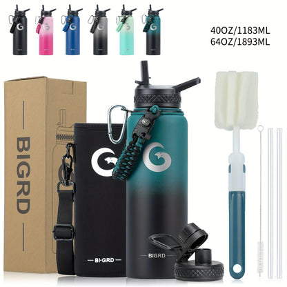 1pc BIGRD 40Oz 64Oz Insulated Water Bottle 304 Stainless Steel Spray Coating Dishwasher Safe, with 2 Lids, Sling Cup Sleeve, Hand-Held Braided Rope, Cup Brush, 2 Straws And Straw Brush, Color Box Packaging