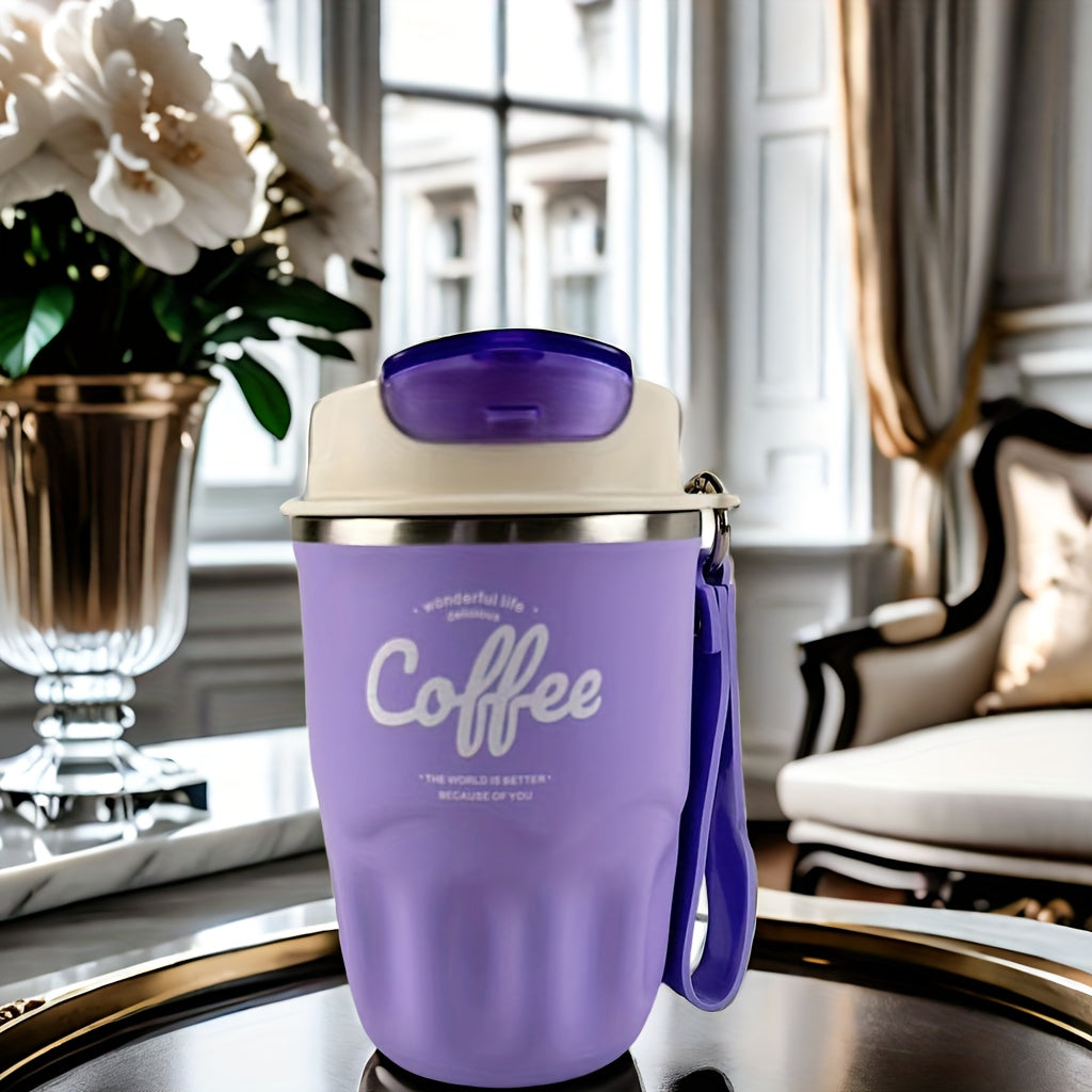 Caneca térmica elegante em aço inoxidável com pega de transporte - Portátil e resistente para aventuras ao ar livre.