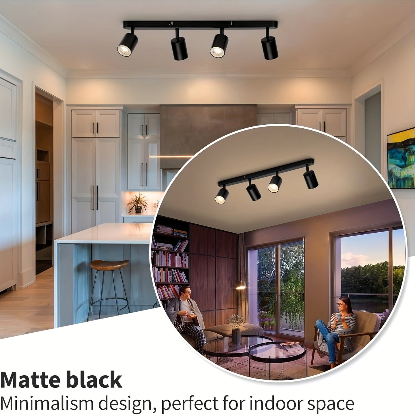 1pc LED Ceiling Light with 4 Bulbs, Rotatable GU10 Spotlight Bar Pendant Lamp in Black & White, Modern Kitchen Bedroom Living Room Ceiling Fixture (Bulbs Not Included)