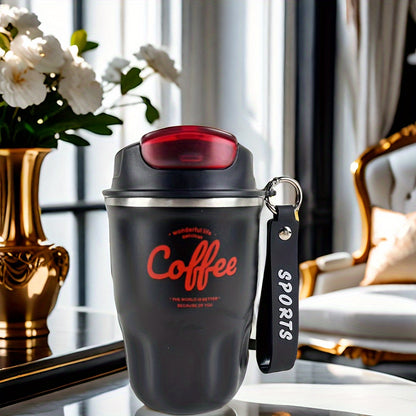 Caneca térmica elegante em aço inoxidável com pega de transporte - Portátil e resistente para aventuras ao ar livre.