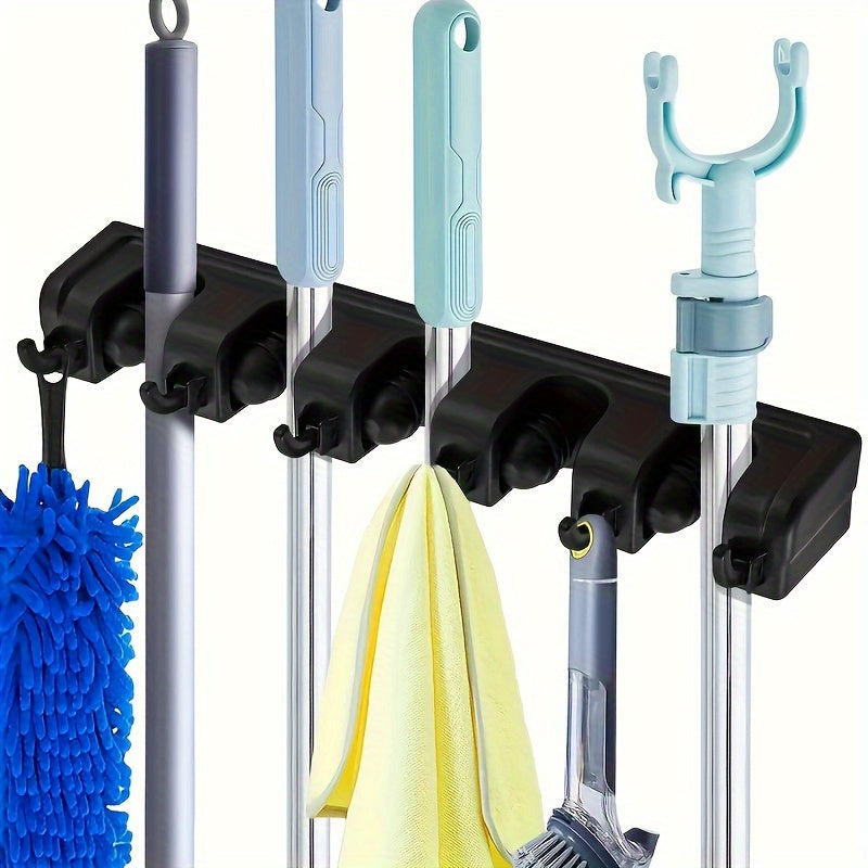 1pc Broom Holder, Wall Mounted Garden Tool Organizer, Home Laundry Room, Closet, Shed, Garage Organization And Storage Utility Rack, 5 Slots & 6 Hooks