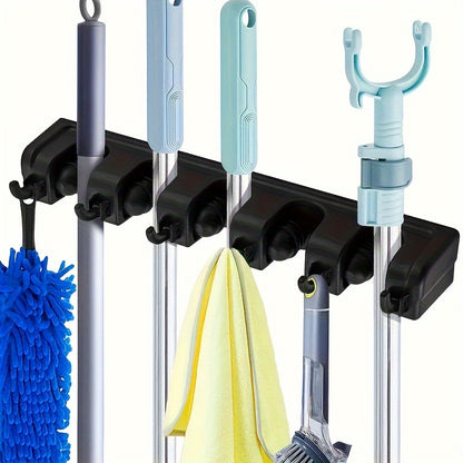 1pc Broom Holder, Wall Mounted Garden Tool Organizer, Home Laundry Room, Closet, Shed, Garage Organization And Storage Utility Rack, 5 Slots & 6 Hooks