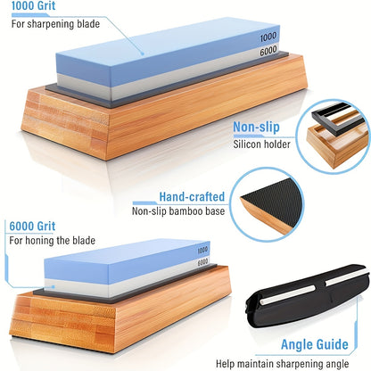 Professional-Grade 1000/6000 Grit -Style Water Stone Knife Sharpener - 2-Sided Whetstone with Non-Slip Bamboo Base & Angle Guide, Coarse/Fine Grinding Knives, Chef, Damascus, Steels - Heavy-Duty Sharpening Stone