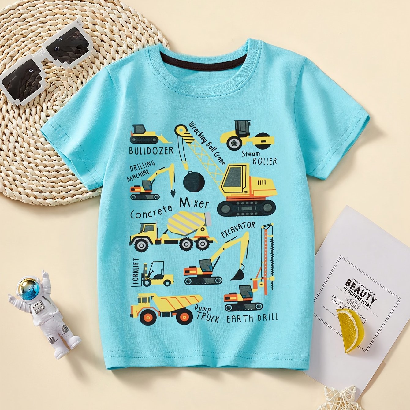 Boys' Cotton Short Sleeve T-Shirt with Cartoon Excavator Print, Breathable Summer Trend