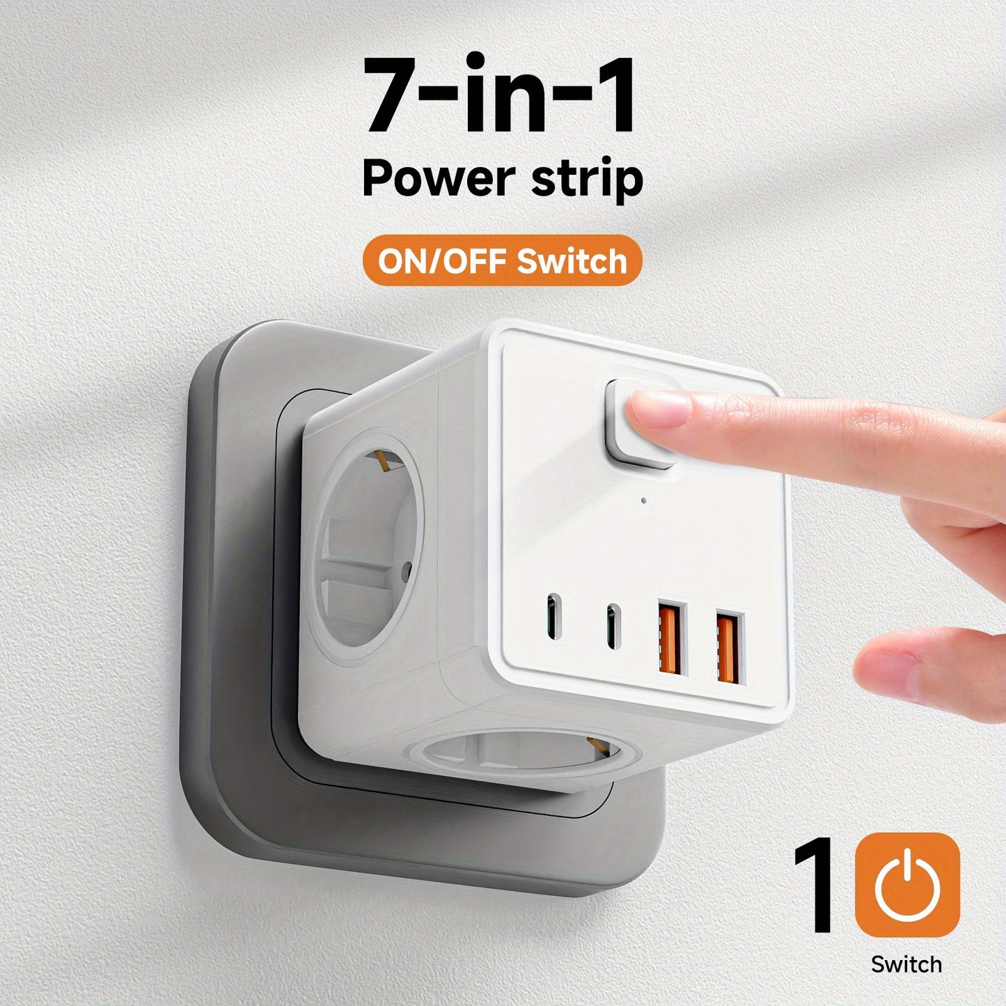 7-in-1 EU Wall Power Strip, 3 AC Outlets & 2 USB & 2 Type-C & with 1 Switch, Suitable for Home, Office, Travel, Computer, White and Black