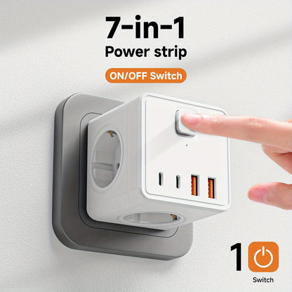 7-in-1 EU Wall Power Strip, 3 AC Outlets & 2 USB & 2 Type-C & with 1 Switch, Suitable for Home, Office, Travel, Computer, White and Black