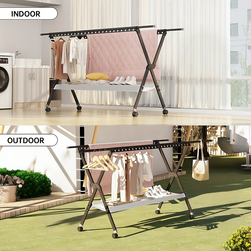 90-Inch Heavy Duty Stainless Steel Clothes Drying Rack with Windproof Hooks, Adjustable Length & 2-Tier Space-Saving Design - Freestanding Telescopic Laundry Rack for Indoor/Outdoor Use, Foldable with Sturdy Base & Top Shelf,