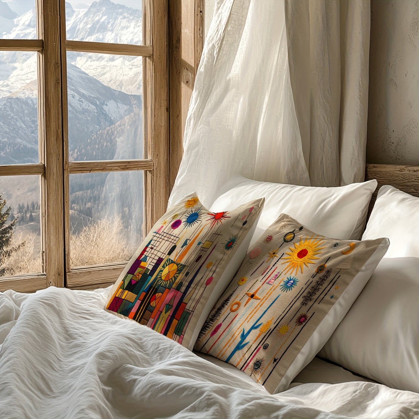 2D printing, 4pcs, abstract pillow set, with beige as the base, featuring elements such as sun and geometric shapes, full of artistic sense, not real embroidery. 45.72*45.72cm, home decoration, suitable for sofas, living rooms