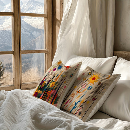 2D printing, 4pcs, abstract pillow set, with beige as the base, featuring elements such as sun and geometric shapes, full of artistic sense, not real embroidery. 45.72*45.72cm, home decoration, suitable for sofas, living rooms