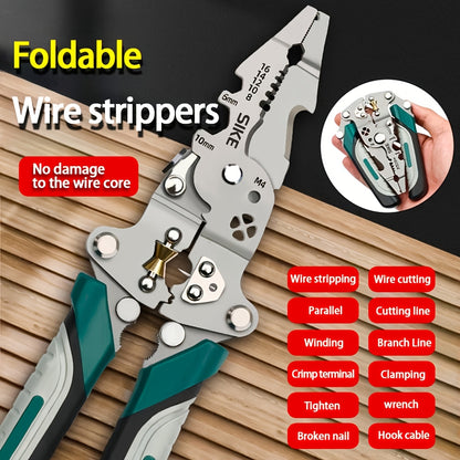 Collapsible Multi-Function Electrician's Industrial Grade Wire Stripper, Durable High Carbon Steel Precision Tool for Cutting, Crimping, and Stripping - Suitable for All Electrical Work