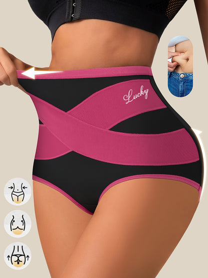 4pcs QUASTI Women'S High-Waisted Shapewear Panties - Quick-Dry Lightweight Underwear with Tummy Control & Hip Lift, Full Coverage Briefs with Cross Strap Design, Elegant Alphabet Pattern & Contrast Binding, Medium Support, Ha
