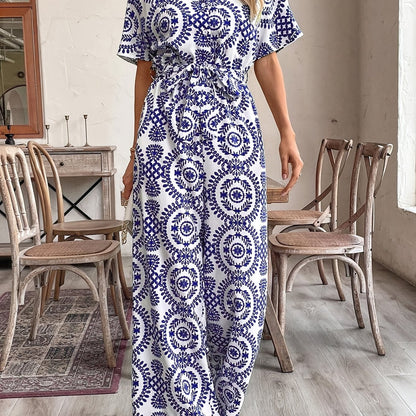 Women's Elegant Ethnic Floral Print Long Sleeve Jumpsuit - Navy Blue & White Retro-Inspired Button-Front Romper, Machine Washable Spring/Summer Dress for Casual & Formal Occasions, Floral Print Dress, Summer Outfit, Nontransp