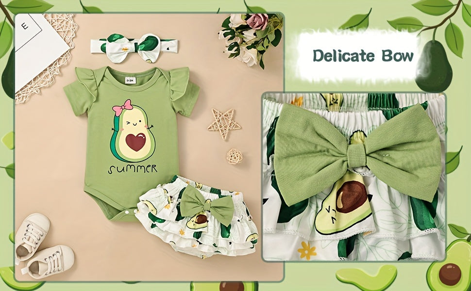 Conjunto de Roupa Infantil para Bebé Menina com Estampado de Abacate: Macacão, Calções e Fita para o Cabelo - 3 Peças - Ideal para o Verão e Atividades ao Ar Livre