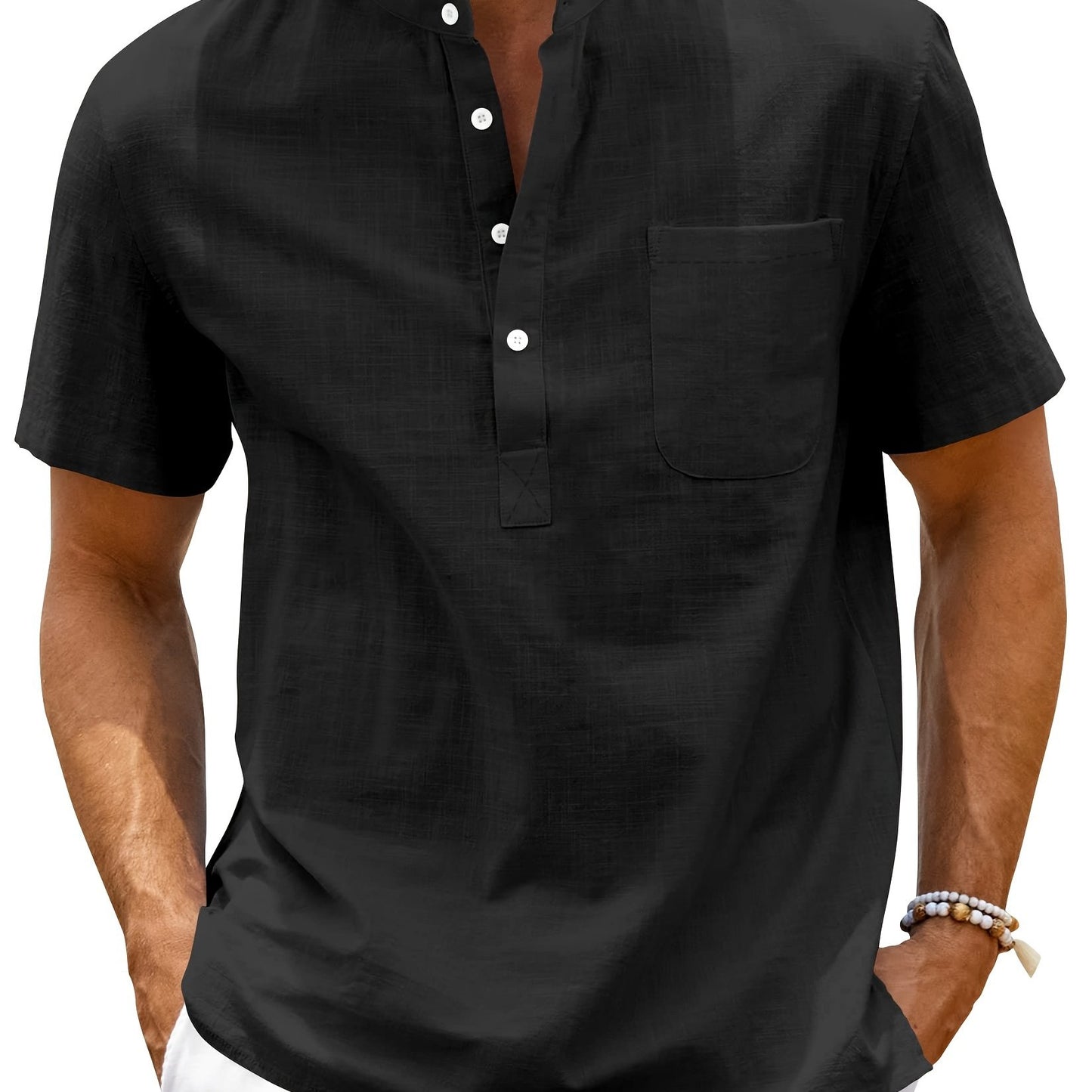 Camisa de homem, gola padre, manga curta, estilo Henley, ideal para o verão, uso casual, negócios e ocasiões formais.