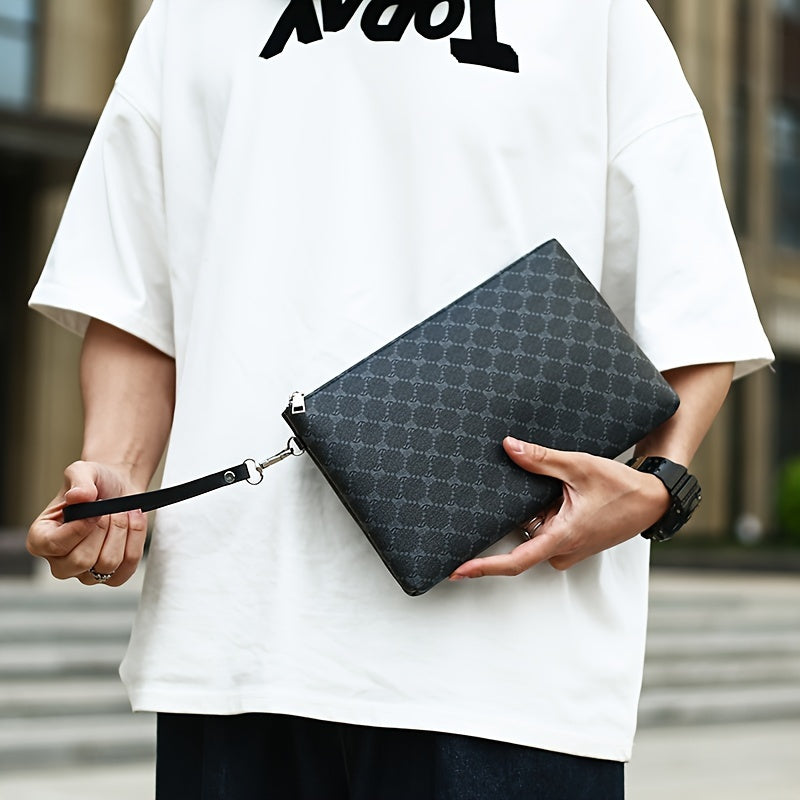 Men'S Stylish Black Synthetic Clutch Bag with Hexagonal Pattern & Card Slots - Perfect for Keys, Phone, Tablet, and Cards - Durable Zipper Closure for Everyday Use