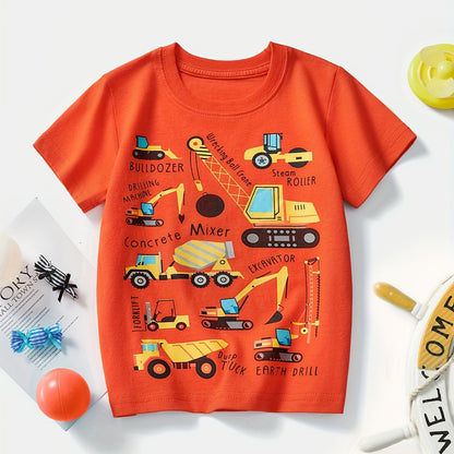 Boys' Cotton Short Sleeve T-Shirt with Cartoon Excavator Print, Breathable Summer Trend