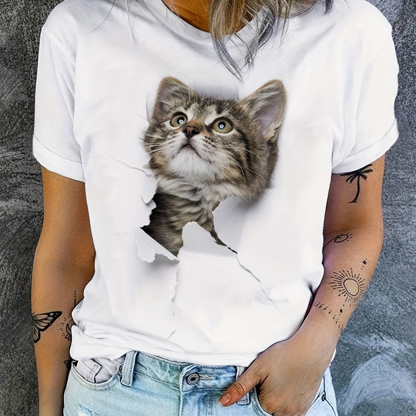Cute Cat Print T-shirt, Crew Neck Short Sleeve T-shirt, Casual Everyday Tops, Women's Clothing