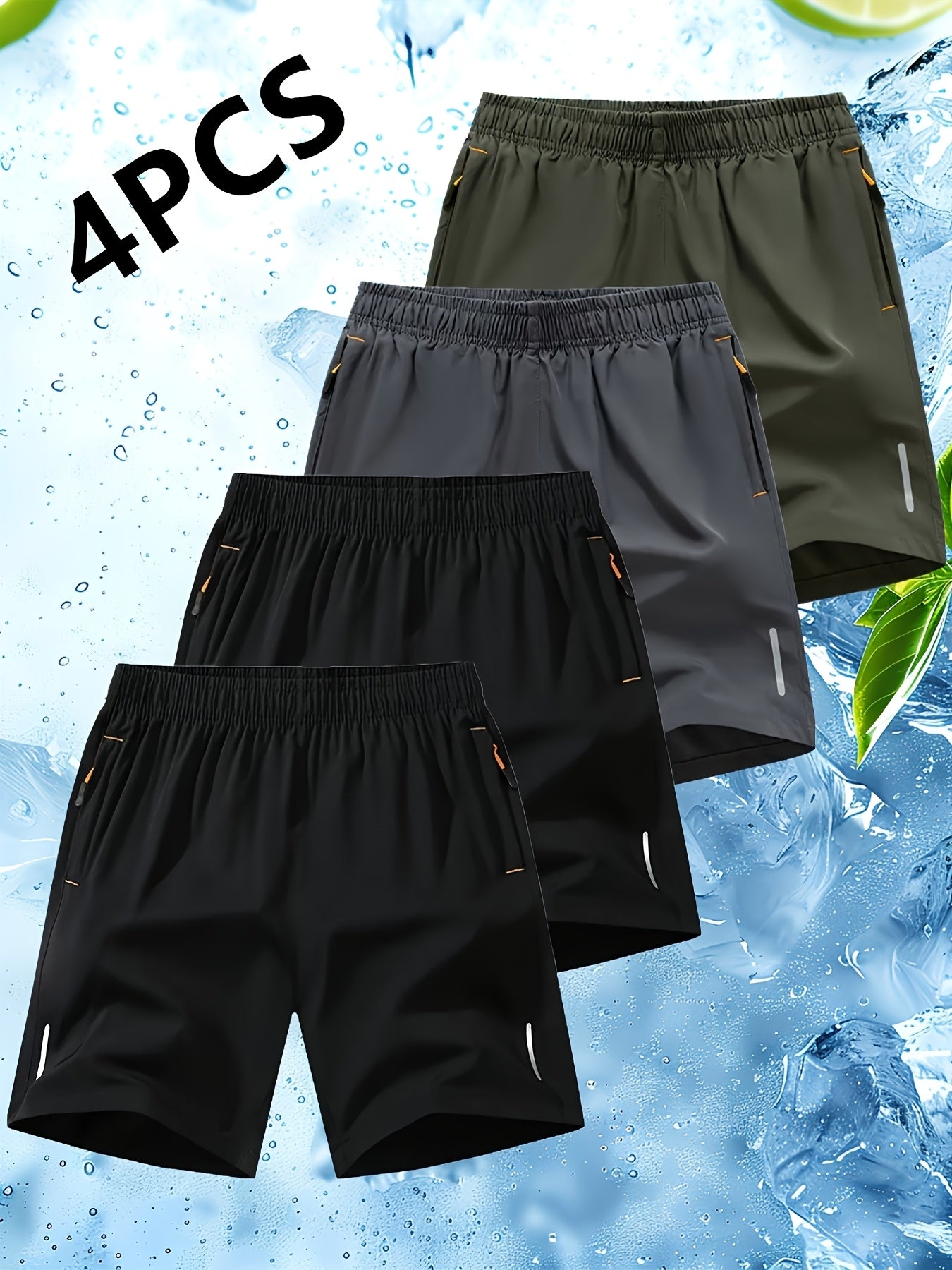 4pcs Men'S Reflective Striped Athletic Shorts - Breathable Quick-Dry Summer Workout Shorts with Pockets, Beige, Navy Blue, Black, Tennis & Gym Shorts for Men, Gym Shorts, Sporty Design, Quickdry Fabric