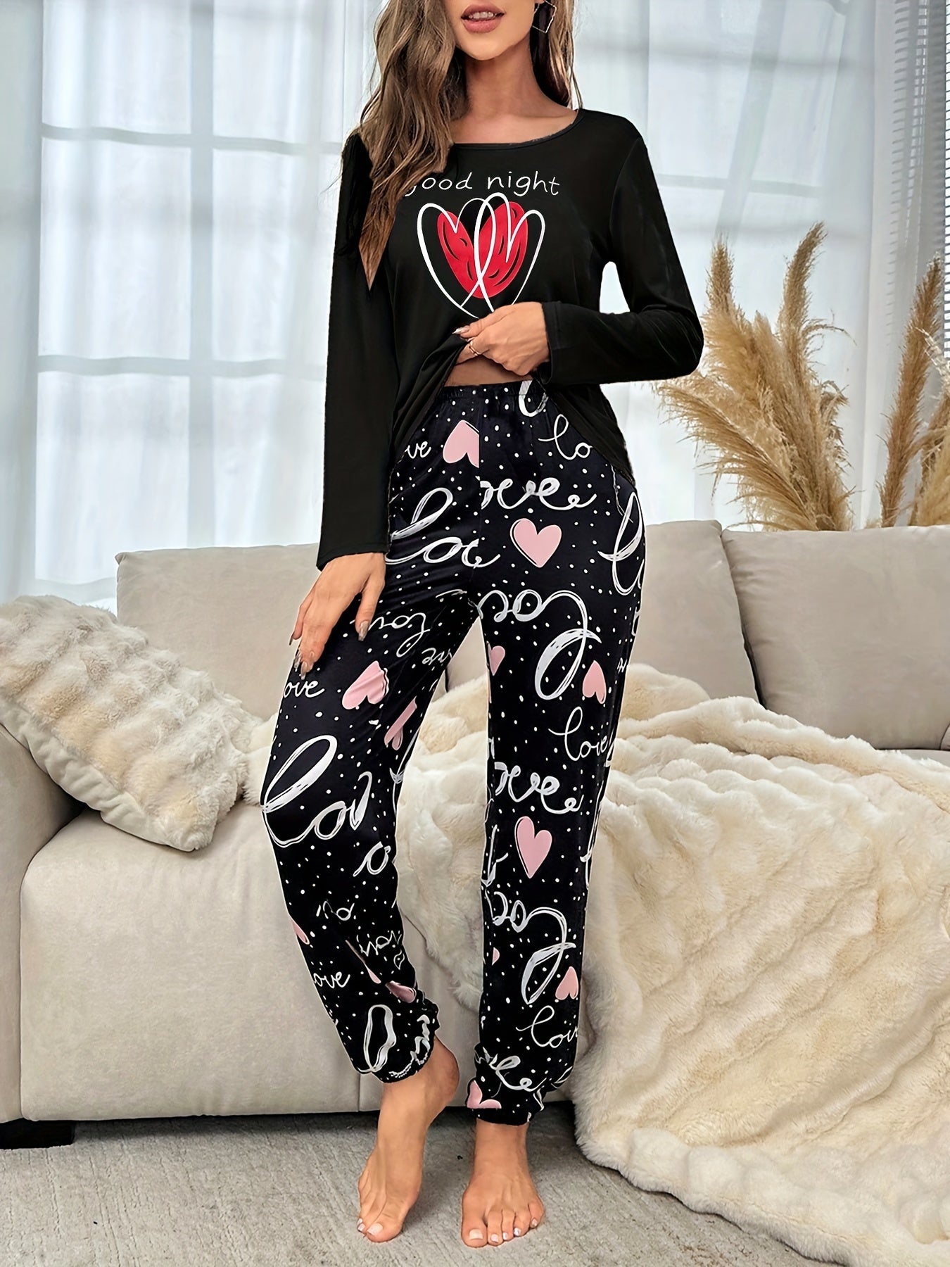 Autumn and Winter Women's Pajama Set with Long Sleeves, Pants, Cute Cartoon Heart Letter Print, Casual Loungewear for All Seasons