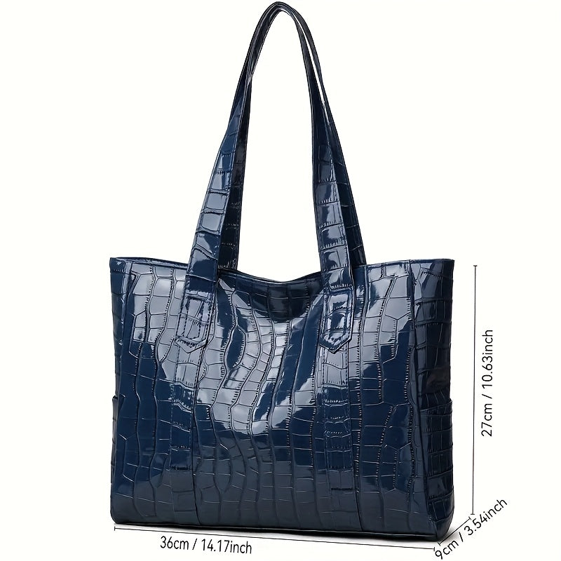 Stylish White Crocodile-Textured Tote Bag with Golden-Tone Hardware - Large Capacity, Durable, Perfect for Commuting, Shopping, and Travel, Travel Tote Bag | Elegant Tote Bag | Durable Tote