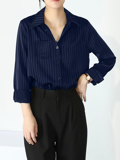 Striped Button Up Chest Pocket Blouse, Elegant Lapel Collar Long Sleeve Blouse, Women's Clothing