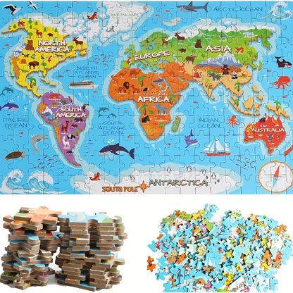 200pcs World Map Puzzle for Kids - Educational Science & Technology Toy, Fun Animal-Themed Cartoon Wooden Jigsaw Puzzle for Boys and Girls, Enhances Cognitive Skills, Ideal for Ages 3-12, Portable Design, Intermediate Skill L