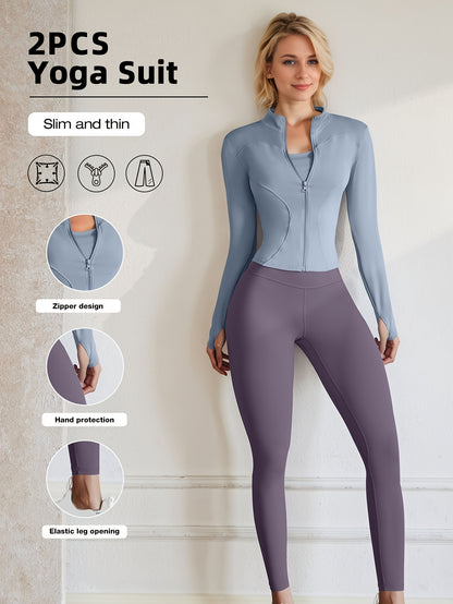 European Code Polyester Fabric Gym Running Clothes Long Sleeve Sports Jacket Cycling and Walking Tightening Buttocks Pants Fitness Suit