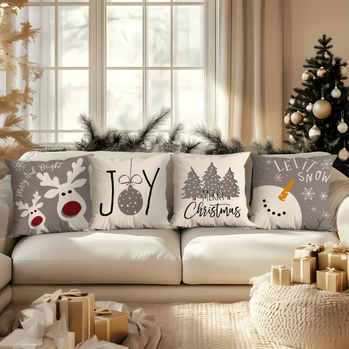 4pcs single-sided printed Christmas short plush pillowcasesChristmas Decorative Pillows for Living Room, Festive Winter Throw Cushions in Soft Fabric, Beige and Gray with Joy, Snowman, Reindeer Designs, Durable and Lightweigh