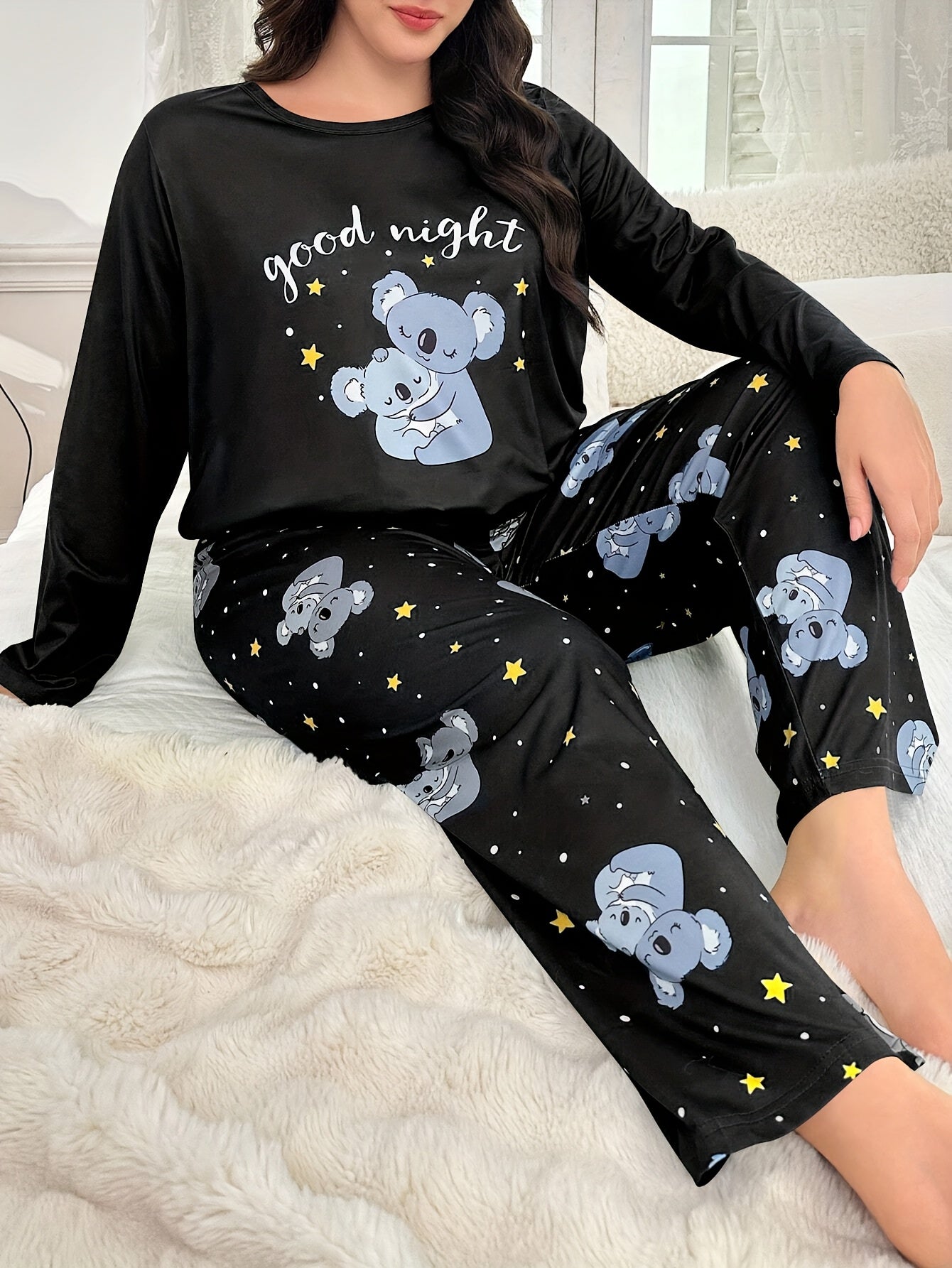Plus Size Autumn/Winter Women's Pajamas with Cute Cartoon Koala Print Long Sleeve Loungewear Set