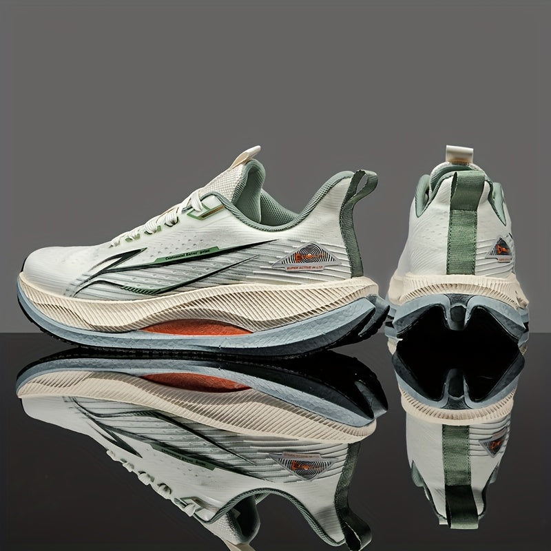 Men's All-Season Running Shoes - Breathable Knit Gym Sneakers with Cushioned MD Sole, Non-Slip Grip - Lightweight Sneakers for Marathon, Training, Everyday - White/Green/Orange Accent - Lace-Up Closure, Marathon Footwear, Geo
