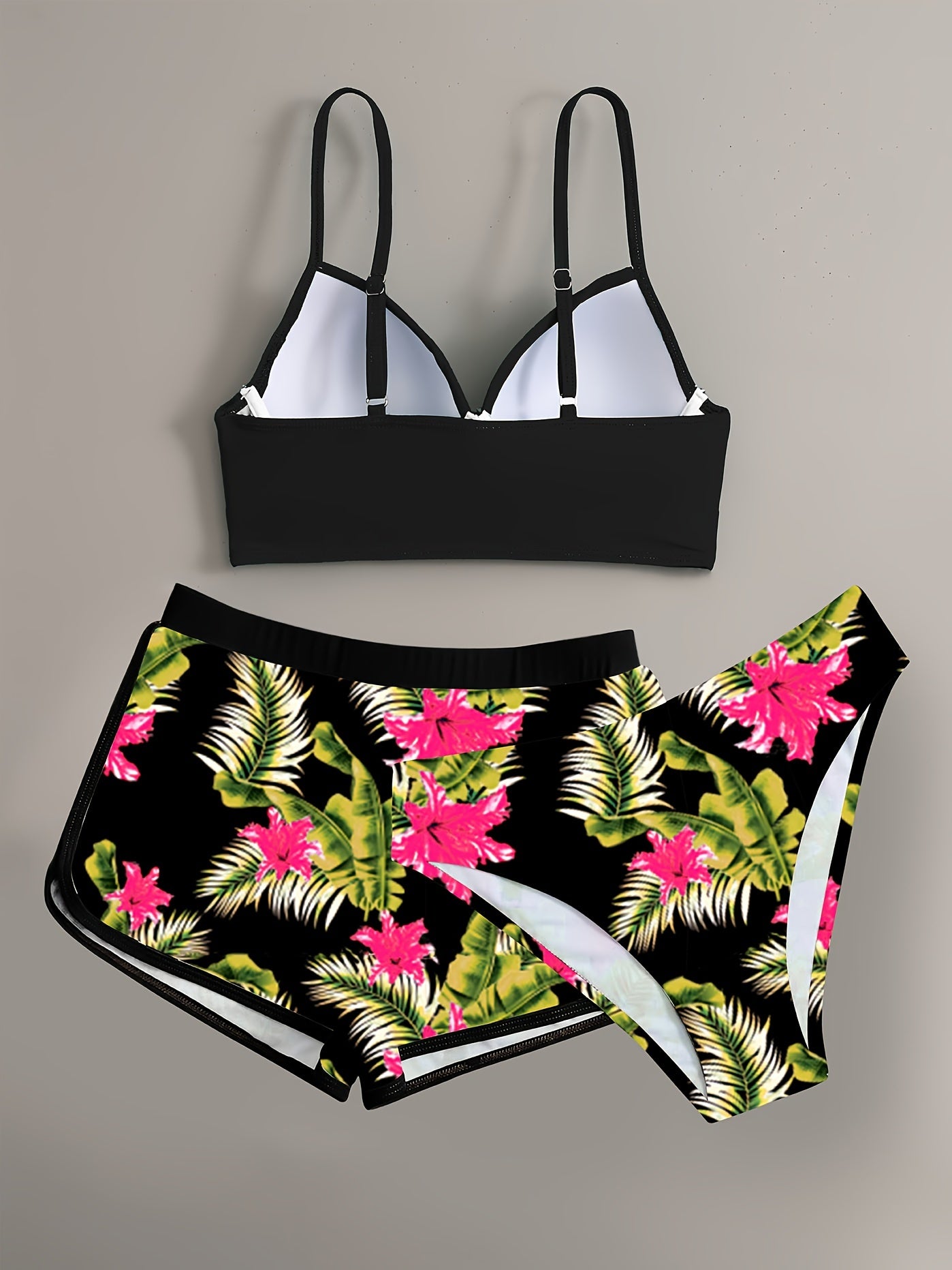Floral Leaf Print Stretchy 3 Piece Set Swimsuits, Cross Spaghetti Strap Push Up Bikini & Boxer Shorts, Women's Swimwear & Clothing