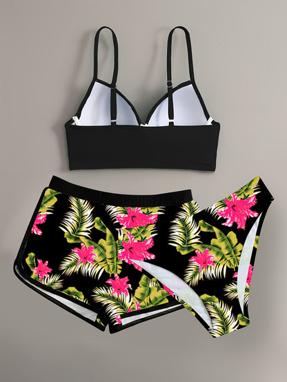 Floral Leaf Print Stretchy 3 Piece Set Swimsuits, Cross Spaghetti Strap Push Up Bikini & Boxer Shorts, Women's Swimwear & Clothing